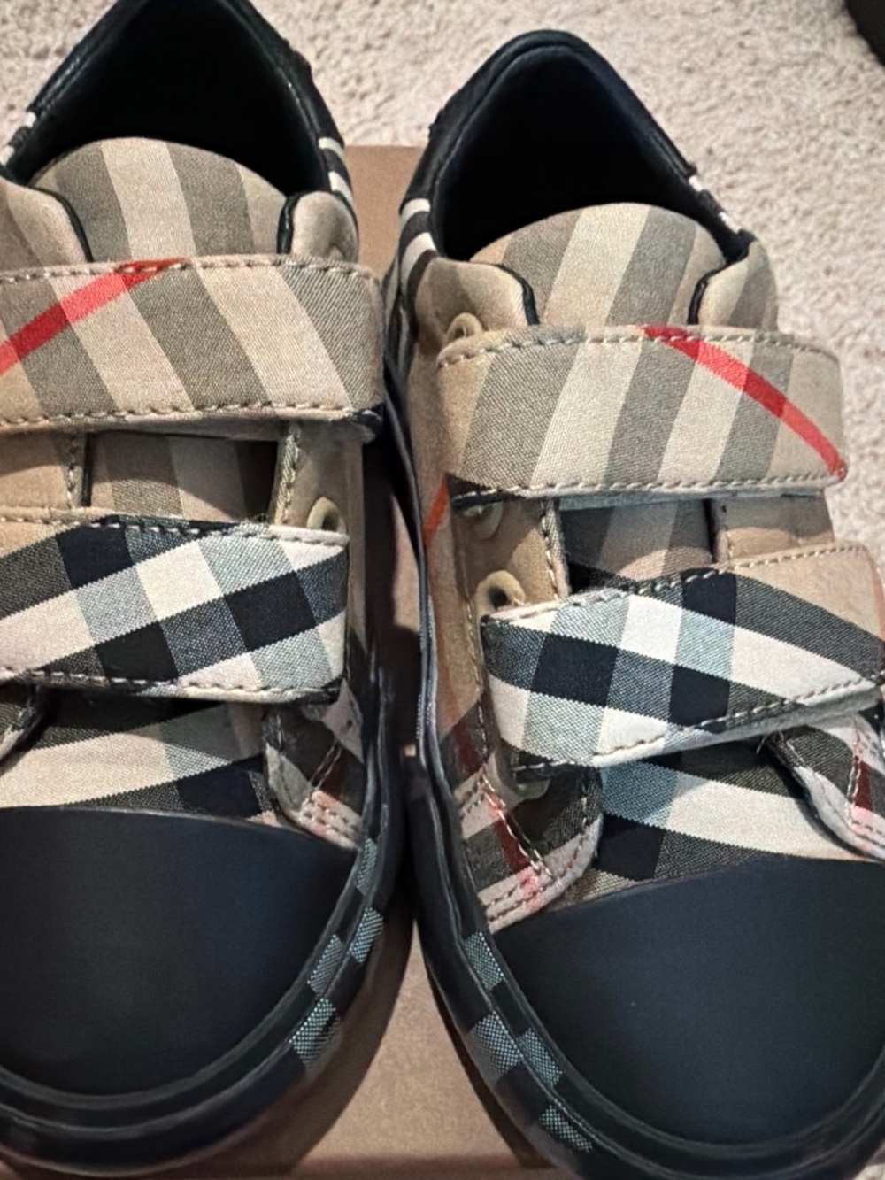 Burberry Kids Plaid Velcro Sneakers in Beige, Black and Red